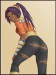  ass bleach cameltoe dark_skin deep_rising female from_behind gradient gradient_background leaning_forward long_hair looking_back ponytail purple_hair shihouin_yoruichi solo thor_(deep_rising) torn_clothes yellow_eyes 