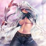  belt breasts dagger denim dual_wielding holding jeans knife large_breasts long_hair navel no_bra open_clothes open_shirt original pants red_eyes rezi shirt solo tan underboob weapon white_hair 