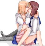  blonde_hair blush brown_hair fukuji_mihoko kazekoshi_school_uniform kiyosumi_school_uniform multiple_girls open_clothes open_shirt pantyhose saki saku_(amespi) school_uniform serafuku shirt skirt takei_hisa yuri 