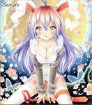  ahoge animal_ears ayuayu bad_id bad_pixiv_id blue_hair breasts bunny_ears cleavage flower gradient_hair large_breasts long_hair marker_(medium) multicolored_hair red_eyes red_hair reisen_udongein_inaba sample sitting solo thighhighs touhou traditional_media v_arms 