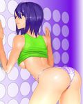  ass bent_over breasts hijiki_(b-stroke) large_breasts looking_back original panties polka_dot polka_dot_panties purple_hair shirt_lift short_hair solo underboob underwear 