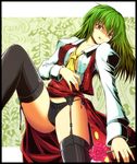  :p ascot bad_id bad_pixiv_id black_legwear black_panties breasts derivative_work flower garter_belt green_hair highres kazami_yuuka medium_breasts no_bra open_clothes open_shirt panties plaid plaid_vest red_eyes rose shirt short_hair solo thighhighs tongue tongue_out touhou underwear vest yunomi_chawan 