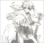  1girl couple greyscale guitar hetero instrument katsura_miya kiss maka_albarn miniskirt monochrome necktie sketch skirt soul_eater soul_eater_(character) twintails 