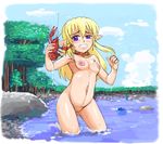  beach blonde_hair blush breasts censored clenched_teeth collar copyright_request day forest lobster long_hair medium_breasts muimui nature nipples nude ocean outdoors pointy_ears pubic_hair purple_eyes solo teeth tree water when_you_see_it 