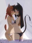  :&lt; animal_ears asymmetrical_docking back bandages bangs bell bell_collar bikini black_hair blunt_bangs blush breast_press breasts brown_eyes cat_ears cat_tail chiwino cleavage collar collarbone flat_chest flower hair_ornament hairclip highres hug long_hair looking_at_viewer looking_back low_twintails multiple_girls navel open_mouth original purple_eyes red_hair side-tie_bikini small_breasts strap_gap swimsuit tail thighhighs tsurime twintails white_legwear yuri 