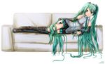  1girl aqua_eyes aqua_hair arm_support boots couch detached_sleeves dxlsmax_(lizhimin) female full_body girl hatsune_miku headphones highres legs long_hair lying nail_polish necktie shirt skirt solo tattoo thighhighs twintails very_long_hair vocaloid white_background zettai_ryouiki 