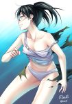  1girl amasawa_yuuko black_hair breasts collarbone commentary dennou_coil gradient gradient_background green_eyes groin looking_away navel noise_(tsuzuki) panties profile signature simple_background solo strap_slip tank_top torn_clothes twintails twitter_username underwear visor white_panties white_tank_top 