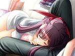  1boy 1girl bottomless bra breasts cleavage eyes_closed game_cg hair_ribbon lingerie lying open_clothes open_shirt pink_bra pink_hair ribbon shirt sleeping smile thighs underwear yotsunoha yuzuki_iori 