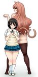  animal_ears ass back-to-back brown_hair glasses height_difference interlocked_fingers legs long_hair looking_back matoyama multiple_girls original paw_pose plump school_uniform skirt smile socks sweater tail thighhighs 