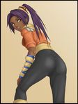  ass bleach cameltoe dark_skin deep_rising female from_behind gradient gradient_background leaning_forward long_hair looking_back ponytail purple_hair shihouin_yoruichi solo thor_(deep_rising) yellow_eyes 