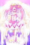  1girl :d ^_^ angel_wings closed_eyes collarbone commentary_request crossed_legs cure_star dress earrings eyes_closed feathered_wings full_body glowing hair_ornament halo hand_on_own_chest hoshina_hikaru jewelry legs_crossed long_hair magical_girl noise_(tsuzuki) open_mouth pink_hair pink_legwear precure single_thighhigh smile solo star star_twinkle_precure thighhighs twintails v-shaped_eyebrows watson_cross wings wristband 