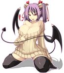  areola_slip areolae bare_shoulders bat_wings black_legwear bottomless breasts cleavage commentary curvy demon_girl heart highres huge_breasts kneeling naked_sweater naughty_face no_pants off-shoulder_sweater open_mouth original purple_hair red_eyes ribbed_sweater saliva shiki_(psychedelic_g2) simple_background solo succubus sweater thighhighs tongue white_background wide_hips wings zettai_ryouiki 