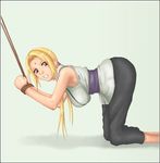  1girl ass bdsm bent_over blonde_hair bondage bound bound_arms breasts bsdm clenched_teeth deep_rising facial_mark female forehead_mark kneeling long_hair naruto red_eyes rope shadow solo teeth thor_(deep_rising) tsunade twintails 