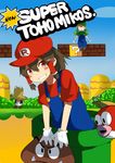  ?_block bad_id bad_pixiv_id brown_hair color_connection cosplay crossover goomba green_hair hakurei_reimu hat kochiya_sanae luigi luigi_(cosplay) mario mario_(cosplay) mario_(series) multiple_girls overalls parody pun2 pyonta red_eyes short_hair super_mario_bros. suspenders toad toad_(cosplay) touhou warp_pipe 