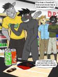  anthro bat beverage_can blush bottomwear bovid candy caprine chips_(food) chocolate chocolate_bar clothed clothing comic connor_(fuze) covering covering_crotch dessert dialogue embarrassed english_text food fully_clothed fuze group hi_res holding_money holding_object hover_hand kenta_yamashita lorenzo_(fuze) male mammal money nipples nude pants public public_nudity rhinoceros roland_(fuze) shirt shorts store t-shirt texnatsu text topwear 