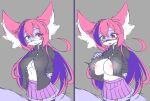  anthro big_breasts blue_eyes blush bottomwear breast_expansion breasts canid canine clothing expansion female fox hair heterochromia hi_res huge_breasts mammal mazz_(mazzlerazz) mazzlerazz multicolored_hair navel pink_hair purple_hair red_eyes side_boob simple_background skirt smile solo standing 