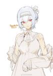  1girl alternate_costume alternate_hairstyle breasts dress girls&#039;_frontline gloves hair_between_eyes highres looking_to_the_side m09_mirage090 medium_breasts red_eyes scar solo third-party_source thunder_(girls&#039;_frontline) white_dress white_gloves white_hair 