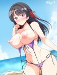  1girl bangs bare_arms bare_legs beach bikini bikini_top_removed black_hair blue_sky blush breasts cleavage closed_mouth collarbone commentary_request day deego_(omochi_bazooka) hair_ribbon highres horizon large_breasts long_hair looking_at_viewer navel nipples ocean original outdoors purple_bikini purple_eyes ribbon side-tie_bikini_bottom signature sky solo standing stomach swimsuit underboob yura_kanade 