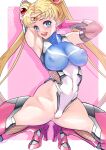  1girl absurdres aqua_eyes arion_canvas armpits arms_behind_head bangs bishoujo_senshi_sailor_moon blonde_hair blue_leotard bow breasts circlet covered_nipples double_bun earrings elbow_gloves gloves hair_bun high_heels highleg highleg_leotard highres jewelry leotard long_hair pink_gloves pink_thighhighs revision sailor_moon solo split spread_legs stud_earrings taimanin_(series) taimanin_suit thighhighs tsukino_usagi twintails two-tone_leotard very_long_hair white_leotard 