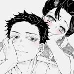  1boy 1girl closed_mouth fingernails flower_in_eye hair_ornament hair_pulled_back hakuji_(kimetsu_no_yaiba) hand_on_another&#039;s_shoulder hand_on_own_cheek hand_on_own_face happy head_rest head_tilt highres japanese_clothes kimetsu_no_yaiba kimono koyuki_(kimetsu_no_yaiba) looking_at_viewer monochrome nagasawa_setsu polka_dot polka_dot_kimono portrait short_hair simple_background smile snowflake_hair_ornament spot_color symbol_in_eye tasuki updo 