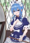  1girl absurdres alternate_costume anchor_print anchor_symbol blue_bow blue_bowtie blue_dress blue_eyes blue_hair blush bow bowtie commentary_request cosplay dress dress_bow enmaided frilled_dress frills highres hololive hoshimachi_suisei looking_at_mirror maid maid_headdress medium_hair minato_aqua minato_aqua_(cosplay) mirror nail_polish open_mouth puffy_short_sleeves puffy_sleeves shizukami_chiro short_dress short_sleeves side_ponytail sidelocks solo star_(symbol) star_in_eye symbol_in_eye virtual_youtuber wavy_mouth white_bow 