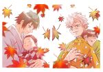  4boys agatsuma_zenitsu aged_up autumn autumn_leaves baby baby_carry black_hair border bowl_cut brown_hair carrying checkered_clothes closed_eyes closed_mouth commentary_request drooling falling_leaves grey_hair happy highres if_they_mated japanese_clothes kamado_tanjirou kimetsu_no_yaiba kimono komedawara0130 leaf long_sleeves male_focus maple_leaf motion_blur multiple_boys profile scar scar_on_face scar_on_forehead scar_on_nose shinazugawa_sanemi short_hair simple_background sleeping tomioka_giyuu triangle_print uncle_and_nephew white_background 