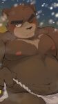  2023 anthro asian_clothing bear belly black_nose brown_body clothing east_asian_clothing fundoshi hi_res japanese_clothing juuichi_mikazuki kemono male mammal moobs morenatsu navel nipples overweight overweight_male puku216 solo underwear white_clothing white_fundoshi white_underwear 