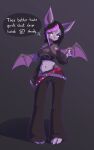  absurd_res anthro bat beverage big_breasts black_hair breasts dialogue female hair hi_res mammal mazzlerazz midriff multicolored_hair navel open_mouth purple_body purple_hair shadow simple_background solo speech_bubble standing text unknown_character wings yellow_eyes 