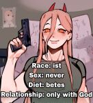  1girl bullet_hole chainsaw_man cross cross-shaped_pupils cross_necklace gun hair_between_eyes handgun highres holding holding_gun holding_weapon horns image_macro_(meme) jewelry long_hair looking_at_viewer maggoo makima_(chainsaw_man) meme necklace parted_lips pink_hair power_(chainsaw_man) red_horns sharp_teeth smile solo symbol-shaped_pupils teeth weapon yellow_eyes 