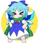  &gt;_&lt; 1girl blue_bow blue_dress blue_hair blush bow cirno dress fairy full_body green_scarf grin hair_bow ice ice_wings ini_(inunabe00) scarf shirt short_hair short_sleeves smile solo touhou white_shirt wings 