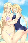  2girls alternate_hairstyle ass beach bikini blonde_hair blue_eyes blue_sky blush braid braided_ponytail breast_grab breasts cleavage closed_mouth cloud commission french_braid grabbing highres iris_von_austria large_breasts lindaroze long_hair mashou_no_nie mireille_von_austria multiple_girls ocean one-piece_swimsuit open_mouth purple_bikini sand sky smile swimsuit very_long_hair 