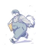  2023 anthro belly big_belly book_whitener canid canine canis clothing domestic_dog hat headgear headwear humanoid_hands kemono mammal monochrome_(series) overalls overweight shirt solo takagi_kyou topwear white_body 
