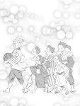  2girls 5boys ^_^ aged_down baby blurry blush bokeh brother_and_sister brothers buzz_cut carrying child closed_eyes clothes_grab depth_of_field family female_child following food from_side fruit greyscale hair_bun hair_pulled_back happy highres holding holding_food holding_fruit japanese_clothes kimetsu_no_yaiba kimono komedawara0130 long_sleeves looking_at_another looking_back male_child mohawk monochrome multiple_boys multiple_girls open_mouth outstretched_arm pants piggyback profile shinazugawa_genya shinazugawa_hiroshi shinazugawa_koto shinazugawa_sanemi shinazugawa_shuya shinazugawa_sumi shinazugawa_teiko short_hair siblings single_hair_bun smile striped vertical_stripes very_short_hair walking watermelon zouri 