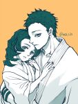  2boys carrying child child_carry closed_mouth dougi hakuji_(kimetsu_no_yaiba) hand_on_another&#039;s_chest hands_up head_tilt highres japanese_clothes kimetsu_no_yaiba kimono long_sleeves looking_at_viewer male_child medium_hair mid_t20 monochrome multiple_boys orange_background profile rui_(kimetsu_no_yaiba) short_hair simple_background upper_body 