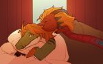  anthro avian bed bedroom bird blonde_hair brown_pattern claws cuddling cute_expression dinosaur dragon dromaeosaurid duo eyes_closed eztli_(user_55) fangs feathers female female/female furniture green_body hair hi_res inside light melody_(user_55) morgdl morning orange_hair pillow raptor_claws red_body red_hair reptile scalie sunlight sunrise tail talons tan_body teeth theropod velociraptor western_dragon window wyvern yellow_eyes 