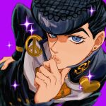  1boy black_hair black_jacket blue_eyes diamond_wa_kudakenai earrings eyelashes hand_on_hip hand_on_own_chin heart higashikata_josuke highres jacket jewelry jojo_no_kimyou_na_bouken lips looking_at_viewer male_focus parted_lips peace_symbol pompadour purple_background solo sparkle stud_earrings yuyu_(yuyu25_53) zipper 