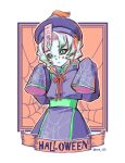  blue_headwear child chin_strap chinese_clothes colored_sclera colored_tips cowboy_shot facial_mark frown green_eyes green_hair halloween hands_up hat hat_tassel jiangshi kimetsu_no_yaiba long_sleeves looking_at_viewer male_child mid_t20 multicolored_hair object_on_head purple_headwear qing_guanmao red_sclera rui_(kimetsu_no_yaiba) sash silk sleeves_past_fingers sleeves_past_wrists solo spider_web tabard talisman tassel text_in_eyes twitter_username two-sided_fabric white_hair 
