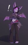  absurd_res anthro bat beverage big_breasts big_butt black_hair breast_expansion breasts butt butt_expansion clothing exclamation_point expansion female hair hi_res huge_breasts mammal mazzlerazz midriff multicolored_hair navel open_mouth purple_body purple_hair shadow simple_background solo speech_bubble standing surprise thigh_expansion torn_clothing unknown_character wardrobe_malfunction wide_eyed wings yellow_eyes 