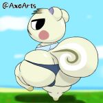  animal_crossing anthro axoarts big_butt black_eyes butt clothing cloud digital_media_(artwork) fur hair looking_back male mammal marshal_(animal_crossing) nintendo on_grass raised_leg rodent sciurid shirt sky solo thick_thighs thong topwear tree_squirrel underwear white_body yellow_body yellow_fur 