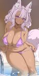  1girl :d animal_ears aurora_(kanachirou) belly bikini bikini_bottom_pull breasts cleavage dark-skinned_female dark_skin facial_mark fox_ears fox_girl fox_tail highres kanachirou large_breasts long_hair open_mouth original pink_bikini pink_hair pool poolside purple_eyes sitting sketch slit_pupils smile soaking_feet solo swimsuit tail thick_thighs thighs twitter_username 