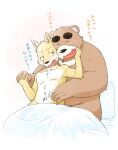  2021 absurd_res anthro bear bed bedding blanket blush brown_body brown_fur canid canine canis dialogue domestic_dog duo fur furniture hand_holding hi_res inu_to_kuma inuryu japanese_text kemono male male/male mammal overweight overweight_male pillow sitting tachihana_mitsuba text tomobiki_subaru 