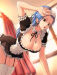  1girl absurdres apron blue_hair breasts brown_eyes cleavage dress earrings garter_straps highres huge_breasts indoors jewelry long_hair maid maid_apron maid_headdress nefertari_vivi one_piece opalisart open_mouth short_dress teeth thighhighs upper_teeth_only 