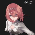  1girl ark_royal_(kancolle) bangs black_background blue_eyes blunt_bangs bob_cut cleavage_cutout clothing_cutout cropped_torso hairband inverted_bob kantai_collection long_sleeves looking_at_viewer neko_no_hige one-hour_drawing_challenge red_hair short_hair solo tiara upper_body 