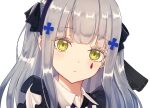  1girl bangs blunt_bangs blush expressionless girls&#039;_frontline green_eyes grey_hair hk416_(black_kitty&#039;s_gift)_(girls&#039;_frontline) hk416_(girls&#039;_frontline) long_hair protected_link sidelocks solo teardrop_facial_mark yukiko_(leovioykk) 