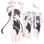  3girls animal_ears arms_up black_hair black_leotard blue_archive closed_eyes commentary covered_navel double_bun grey_eyes hair_bun halo kisaki_(blue_archive) kokona_(blue_archive) leotard long_hair mafadoobu multiple_girls musical_note orange_eyes ponytail shun_(blue_archive) shun_(small)_(blue_archive) smile sweat symbol-only_commentary twintails white_hair 