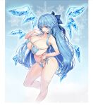  1girl aged_up bangs bikini blue_bikini blue_bow blue_choker blue_eyes blue_hair bow braid breasts choker cirno cleavage covered_nipples foot_out_of_frame hair_bow hand_up highres huge_breasts ice ice_wings kiyama_satoshi legs long_hair looking_at_viewer micro_bikini open_mouth side-tie_bikini_bottom skindentation smile snowflake_background solo swimsuit touhou wings 