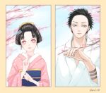  1boy 1girl arm_tattoo black_hair blue_eyes cherry_blossoms closed_mouth column_lineup day dougi flower hair_ornament hair_pulled_back hakuji_(kimetsu_no_yaiba) hand_up holding holding_flower japanese_clothes kimetsu_no_yaiba kimono koyuki_(kimetsu_no_yaiba) looking_at_viewer mid_t20 nature obi parted_lips pink_kimono red_eyes sash short_hair smile snowflake_hair_ornament tattoo twitter_username updo upper_body 