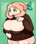  &lt;3 &lt;3_eyes anthro avian beak big_breasts breasts brown_clothing brown_sweater brown_topwear catjam_(artist) clothing feathers female generation_7_pokemon genitals hand_on_breast leaf nintendo pokemon pokemon_(species) pussy rowlet simple_background solo sweater topwear 