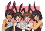  2023 4girls :d absurdres animal_ears bangs black_bow black_bowtie black_hair black_leotard blue_eyes bob_cut bow bowtie breasts brown_eyes brown_hair chinese_zodiac closed_eyes collar dark-skinned_female dark_skin detached_collar fake_animal_ears freckles girls_und_panzer gloves green_eyes highres leotard looking_at_viewer medium_breasts multiple_girls nakajima_(girls_und_panzer) new_year ok_sign open_mouth playboy_bunny rabbit_ears redpillow091 short_hair side-by-side smile strapless strapless_leotard v w white_collar white_gloves wing_collar wrist_cuffs year_of_the_rabbit 