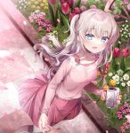  1girl bangs blue_eyes blush breasts camera charlotte_(anime) chi_no collarbone dutch_angle english_commentary eyelashes falling_petals flower garden grey_hair hair_between_eyes highres holding holding_camera holding_hands large_breasts long_hair looking_at_viewer open_mouth outdoors petals pink_shirt pink_skirt red_flower red_tulip ribbon-trimmed_shirt rose shirt sidelocks skirt smile solo standing tomori_nao tulip two_side_up wavy_hair yellow_flower yellow_rose 